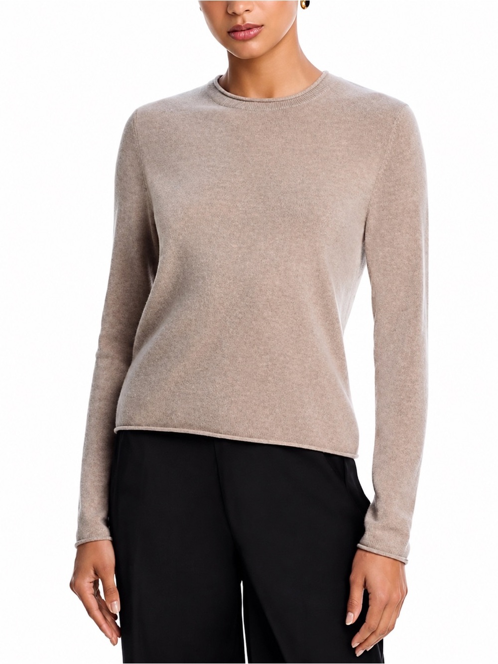 AQUA Cashmere Rolled Edge Sweater in Wheat Size XS